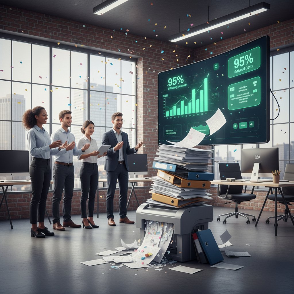 Small business team celebrating automation success, document stacks replaced by digital dashboard