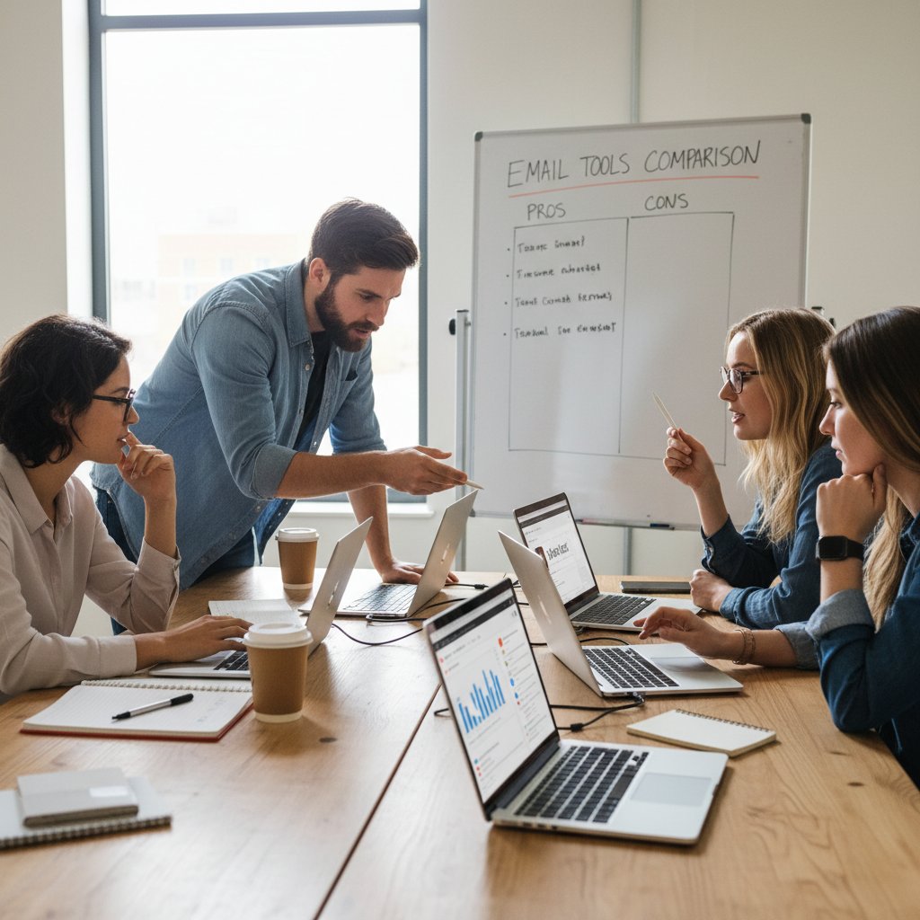 Spotkanie zespołu małej firmy analizującego wybór narzędzi do automatyzacji email, porównywanie funkcji na laptopach