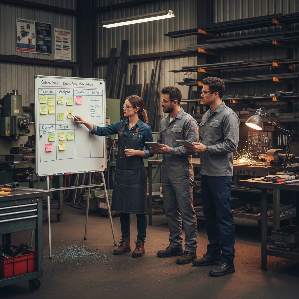 Właściciel i pracownicy małej firmy metalowej wspólnie analizują wyniki na tablicy Kaizen