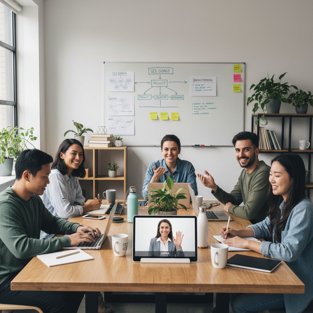 Spotkanie zespołu w małej firmie, chatbot jako wirtualny asystent, ułatwiający organizację pracy