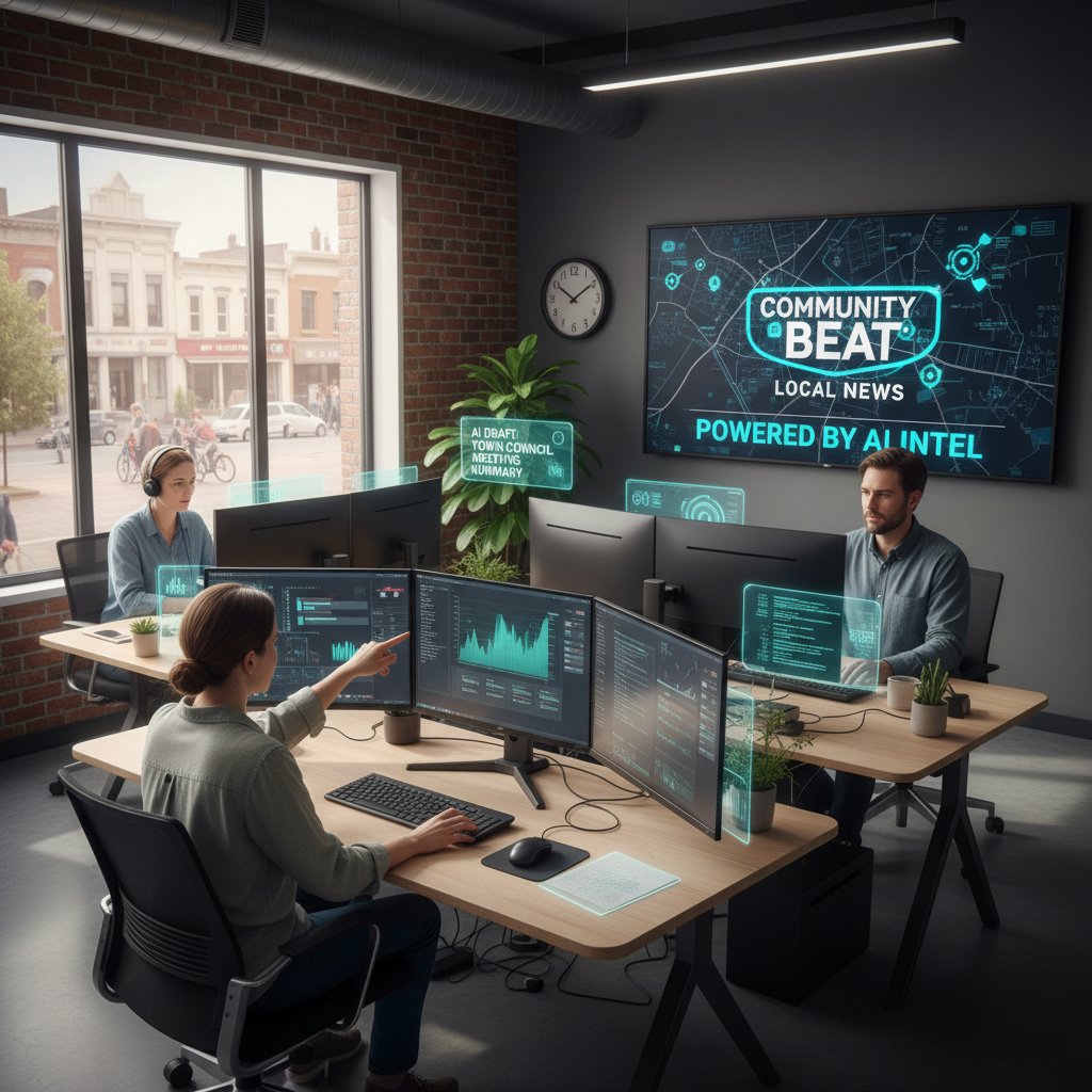 Photo of small digital newsroom team using AI tools to generate local news