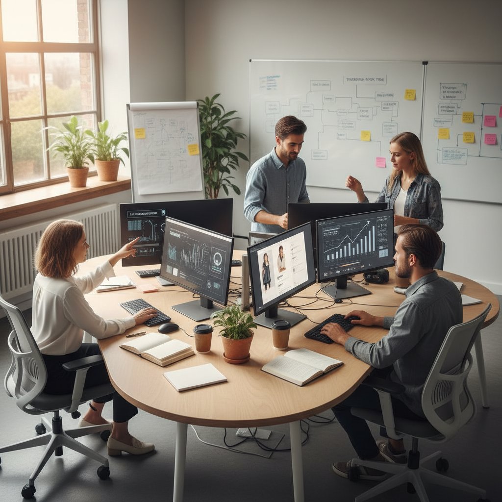 Mały zespół e-commerce korzystający z rekomendacji AI podczas pracy w biurze