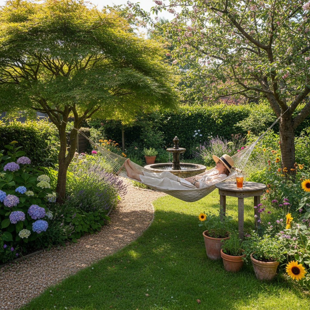 Mały ogród z niskim drzewem, zrelaksowana osoba na leżaku, letnie słońce