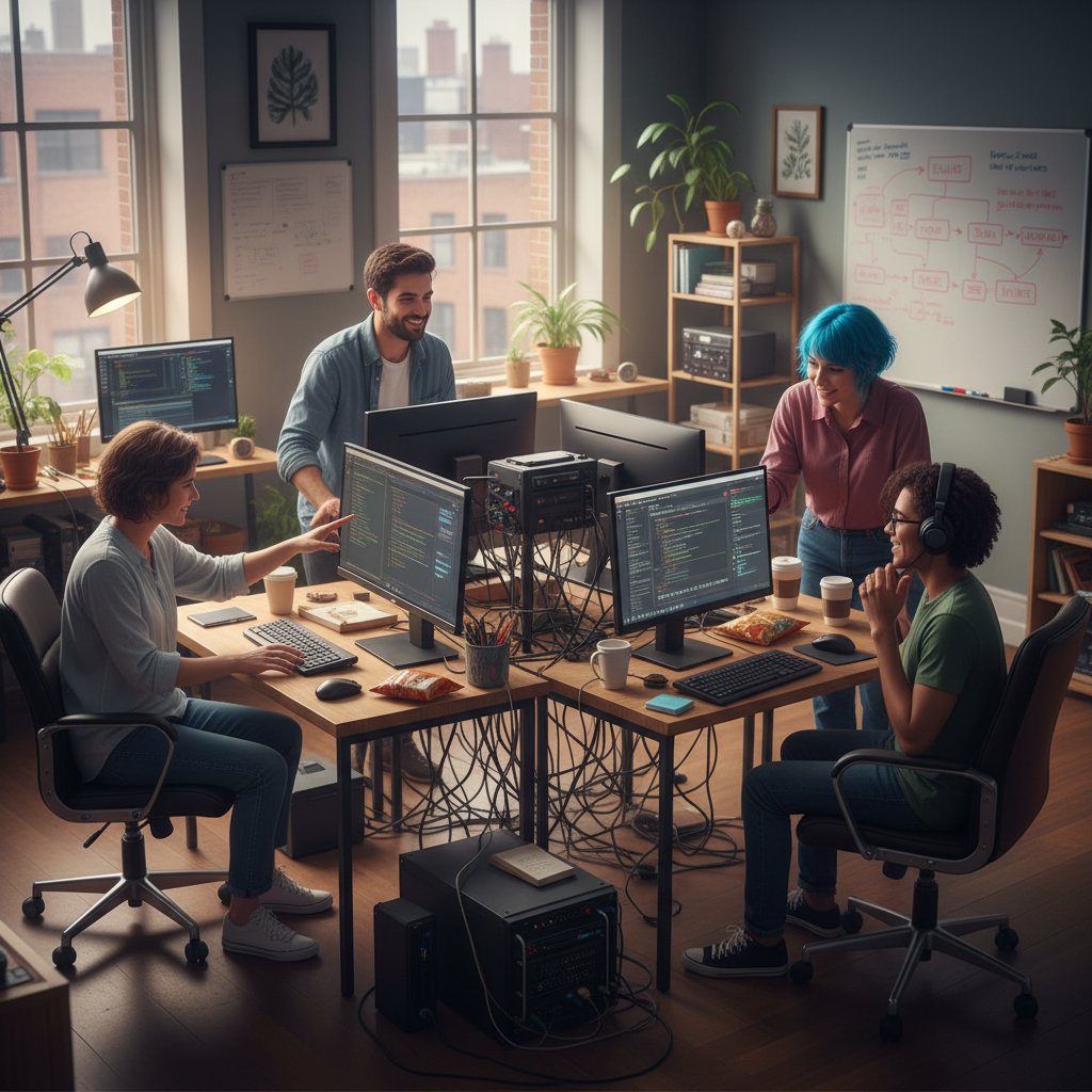 Kameralna grupa przy komputerach, mikrospołeczność, różnorodne osoby, atmosfera zaangażowania