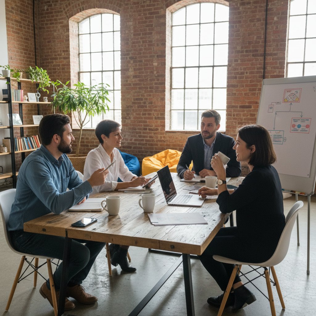 Mała grupa profesjonalistów na spotkaniu branżowym w nowoczesnym coworkingu