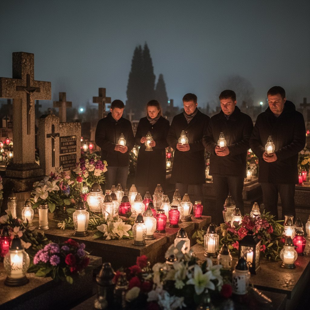 Grupa osób podczas cichego czuwania na cmentarzu, świece i kwiaty, noc, atmosfera żałoby