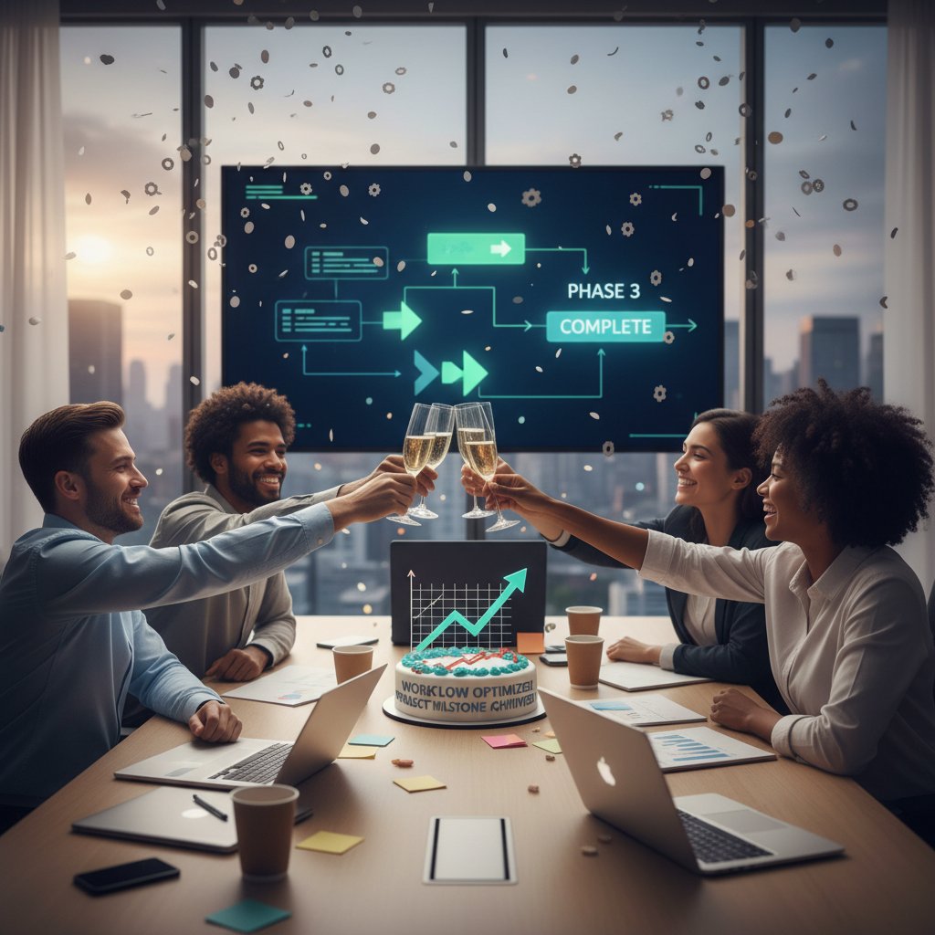 Small group celebrating a milestone in a gritty workspace, illustrating project team celebrating small wins and workflow optimization