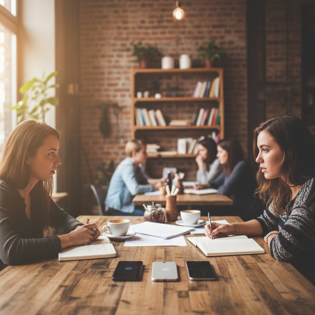 Spotkanie lokalnej społeczności dzięki czatowi online, kawiarnia, smartfony na stole