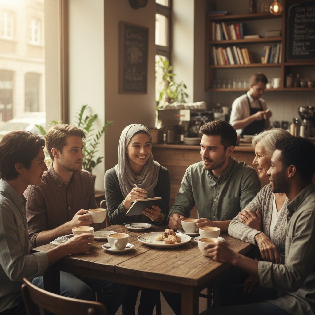 Mała grupa ludzi dzieląca się historiami w kawiarni, optymistyczna atmosfera