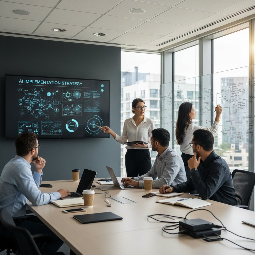 Mały zespół IT planujący wdrożenie AI na tablicy w sali konferencyjnej, współpraca i innowacja