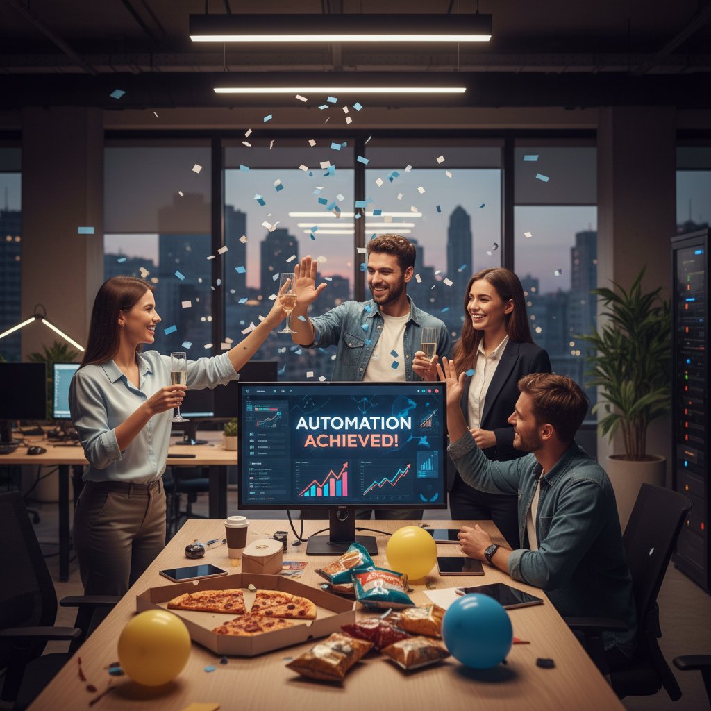 Zespół małej firmy IT świętujący sukces wdrożenia automatyzacji, laptop, biuro, radość