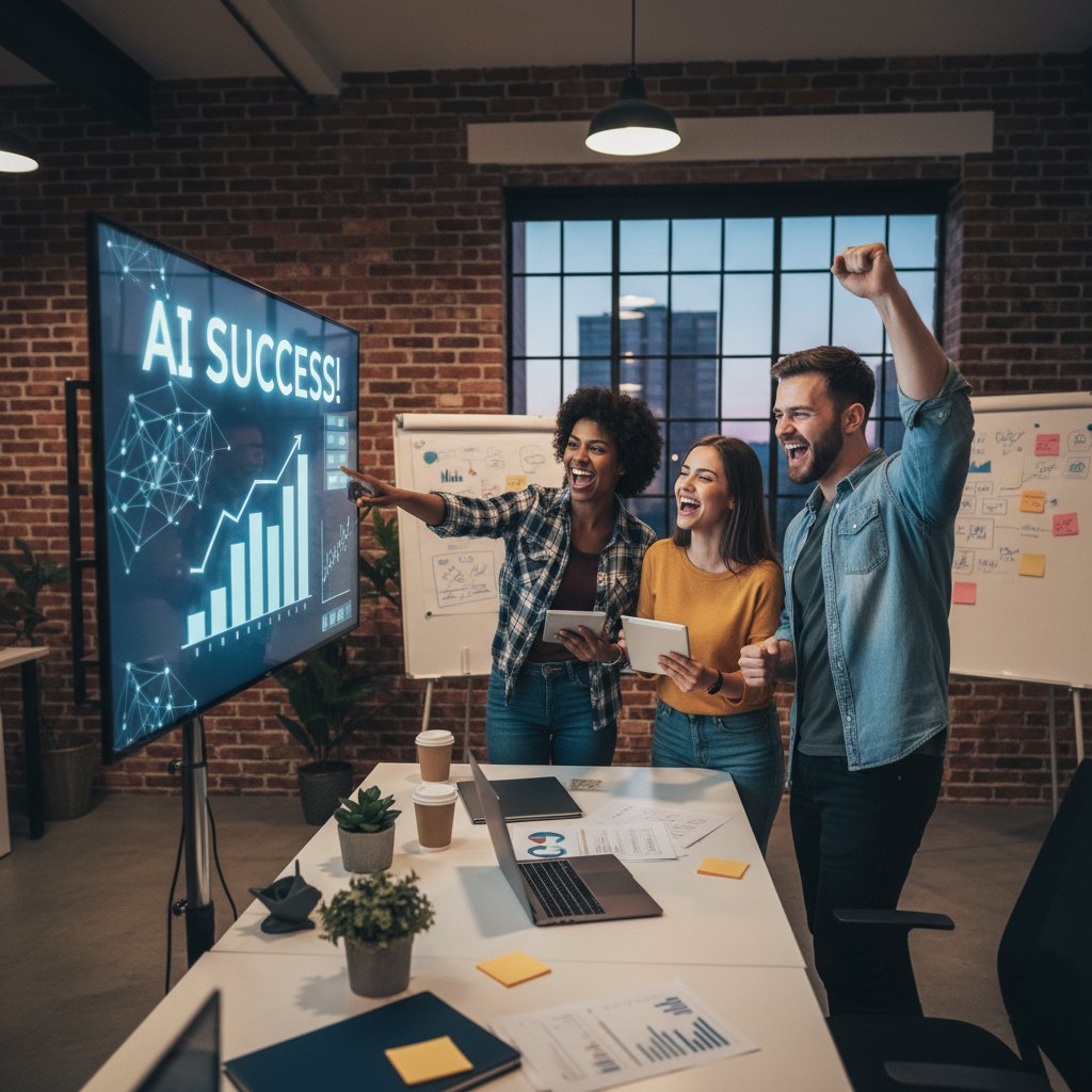 Mały zespół marketingowy świętujący sukces wdrożenia AI