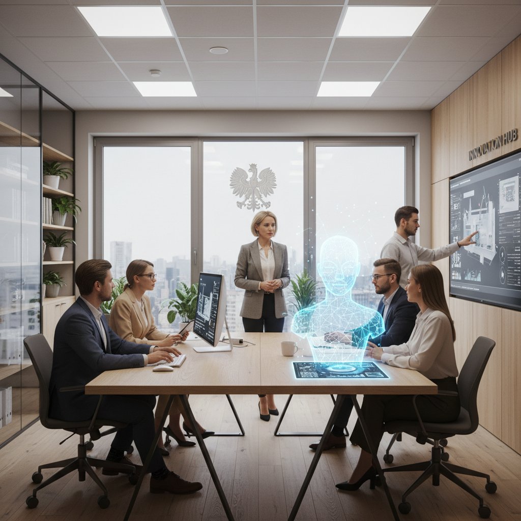 Właściciel małej firmy współpracuje z wirtualnym asystentem na ekranie w nowoczesnym polskim biurze