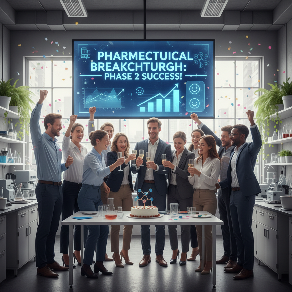 Small pharma team celebrating clinical trial milestone with diverse staff and digital dashboards