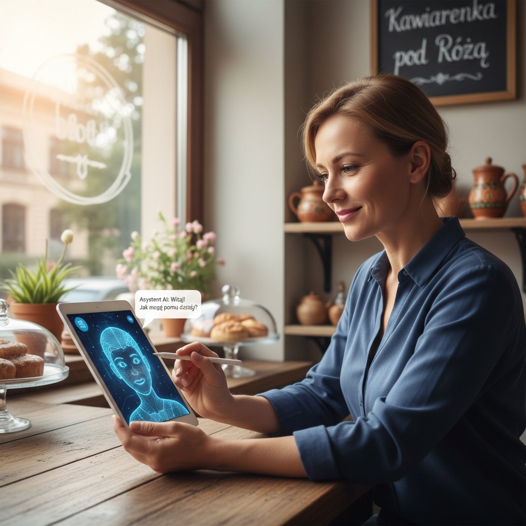 Mała polska firma korzystająca z tabletu podczas wdrożenia wirtualnego asystenta AI