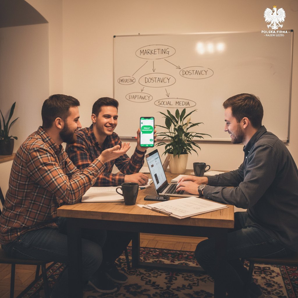 Zespół małej firmy w Polsce korzystający ze smartfonów i WhatsApp, atmosfera współpracy, nowoczesne wnętrze