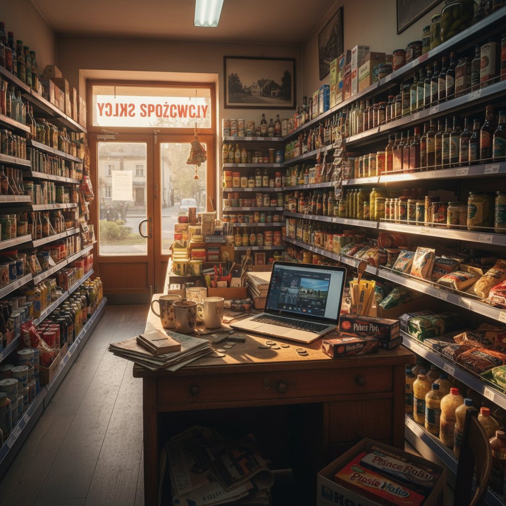 Małe biuro firmy handlowej z laptopem i dokumentami, codzienne wyzwania analizy sprzedaży