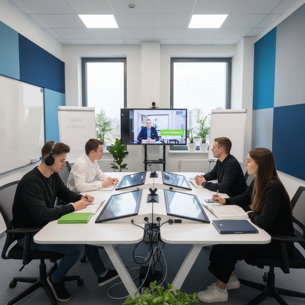 Mała grupa polskich uczniów podczas nauki mieszanej online i offline, nowoczesna klasa