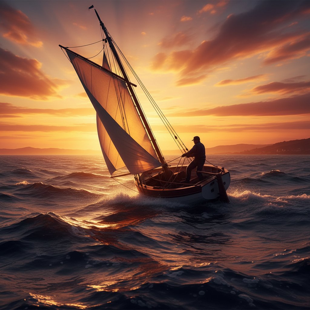 Gritty indie photo of small sailboat at sunset, lone sailor adjusting rigging, choppy water