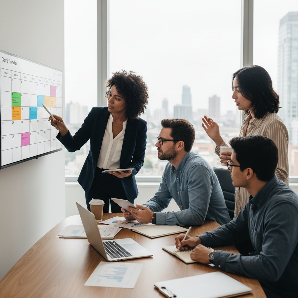 Mały zespół analizuje wspólny kalendarz na spotkaniu w biurze