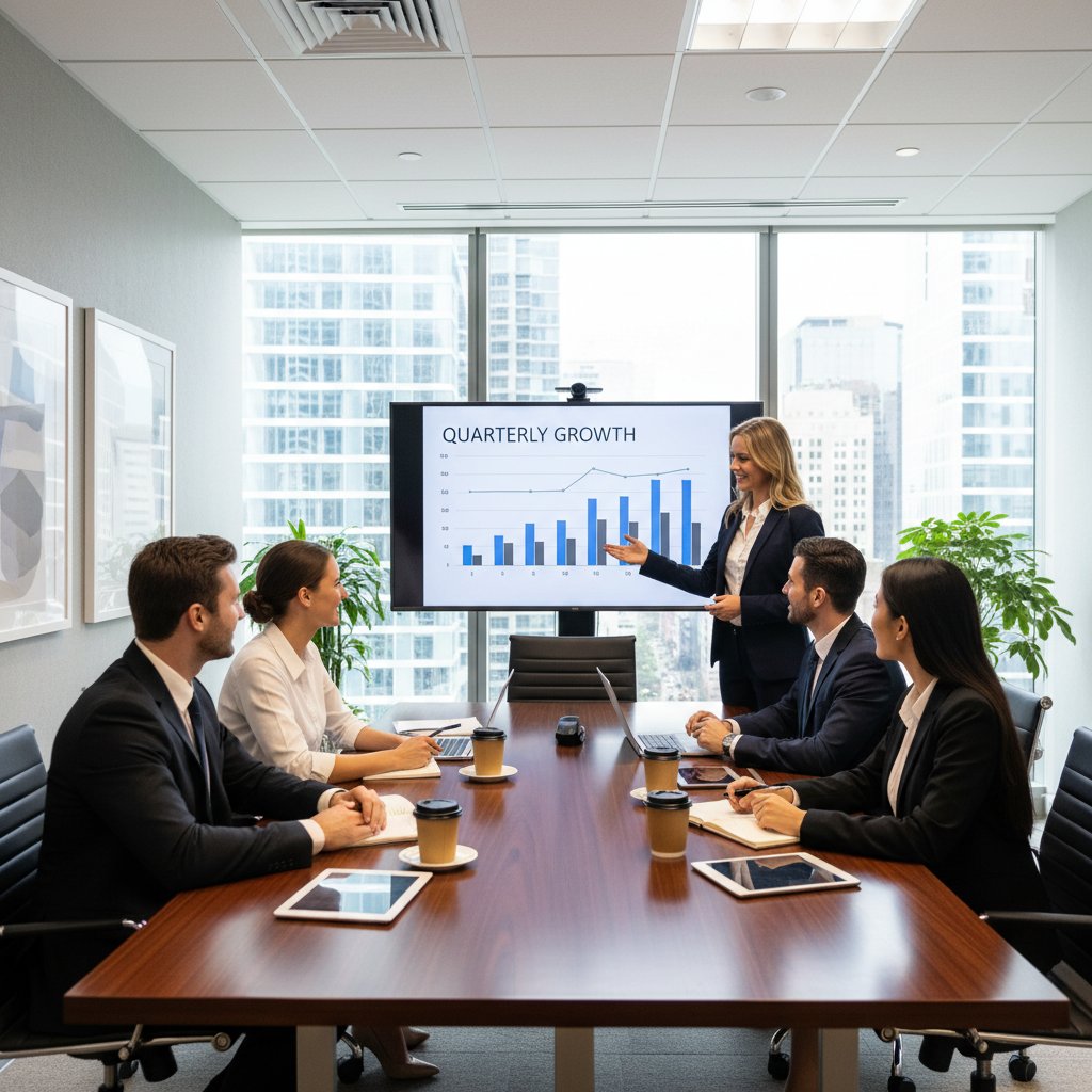 Mały zespół w biurze korzystający z tabletu do planowania spotkań, korporacja z dużą salą konferencyjną