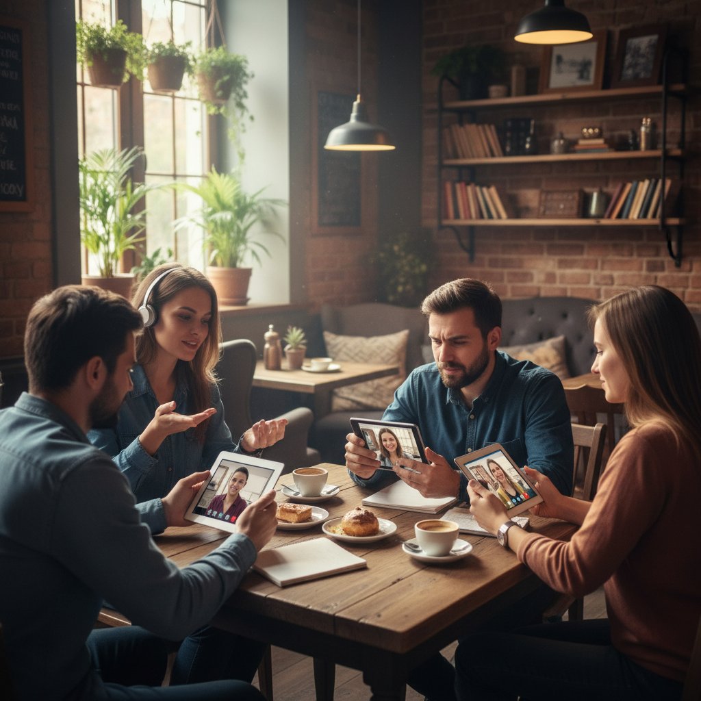 Zespół pracujący zdalnie w kawiarni, prowadzący spotkanie online