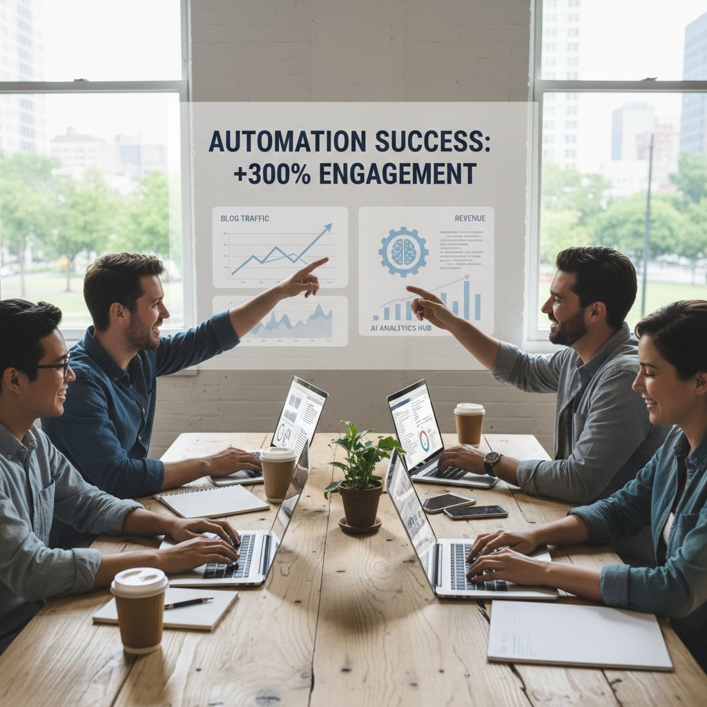 Mały zespół przy wspólnym stole, na laptopach otwarte narzędzia AI i statystyki bloga, sukces automatyzacji w polskiej firmie