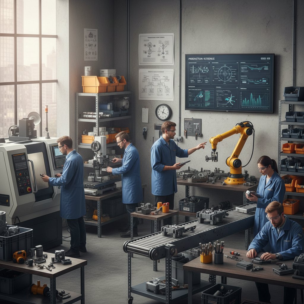 Mały zespół przy pracy w warsztacie produkcyjnym, strategie zarządzania produkcją w MŚP