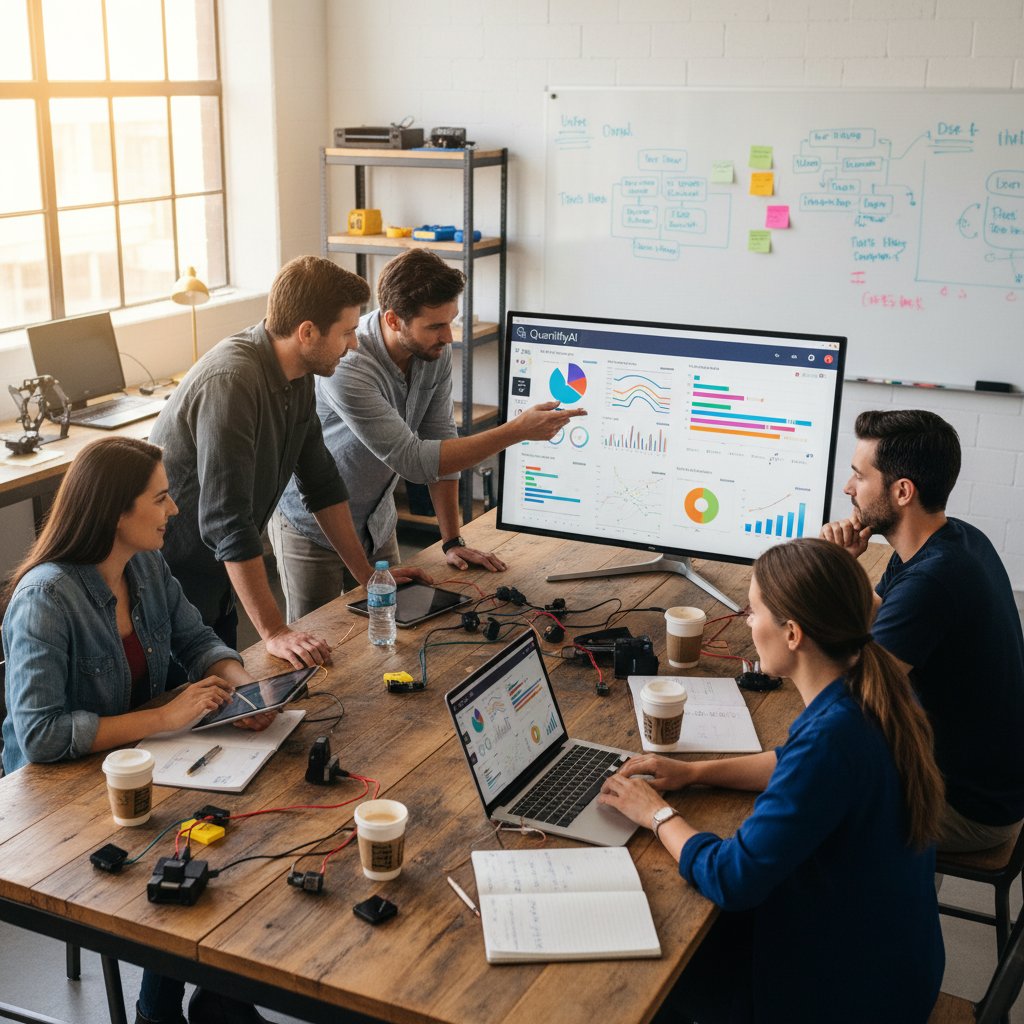Action shot of a small team running a hands-on demo or workshop, emphasizing the value of piloting data insights generation tools