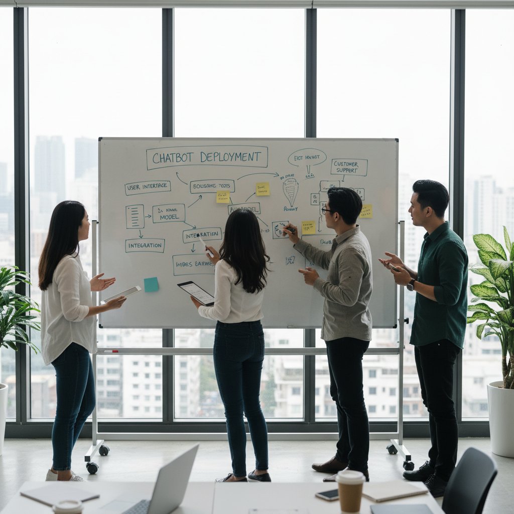 Mały zespół wdraża chatbota w biurze, tablica z notatkami, brainstorming