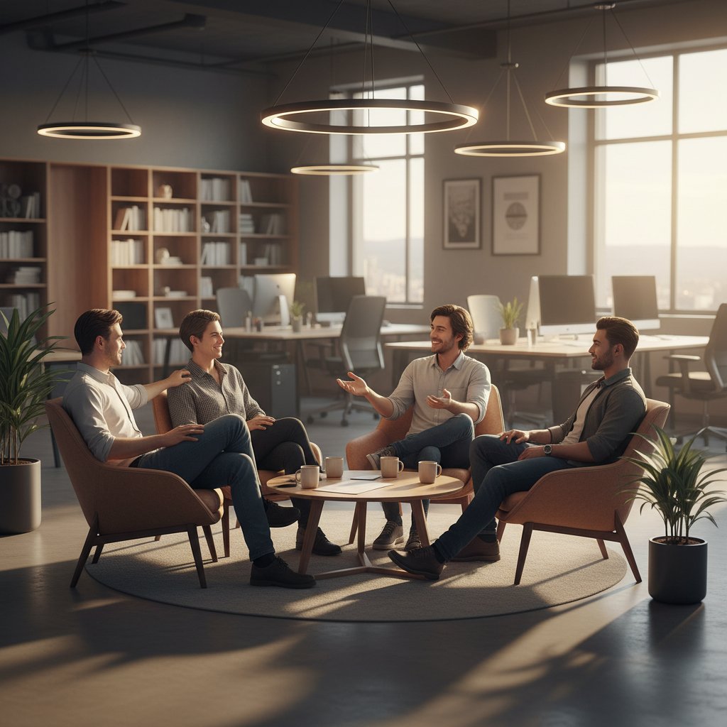 Mały zespół w kręgu, luźna postawa, dzielą się chwilą, nowoczesne biuro, ciepłe światło