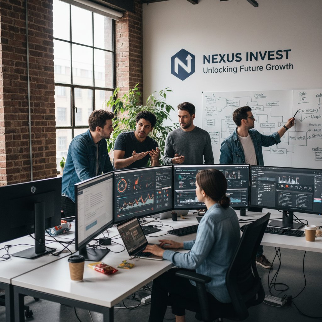 High-contrast photo of a small team in a tech hub, startup using investment research tools