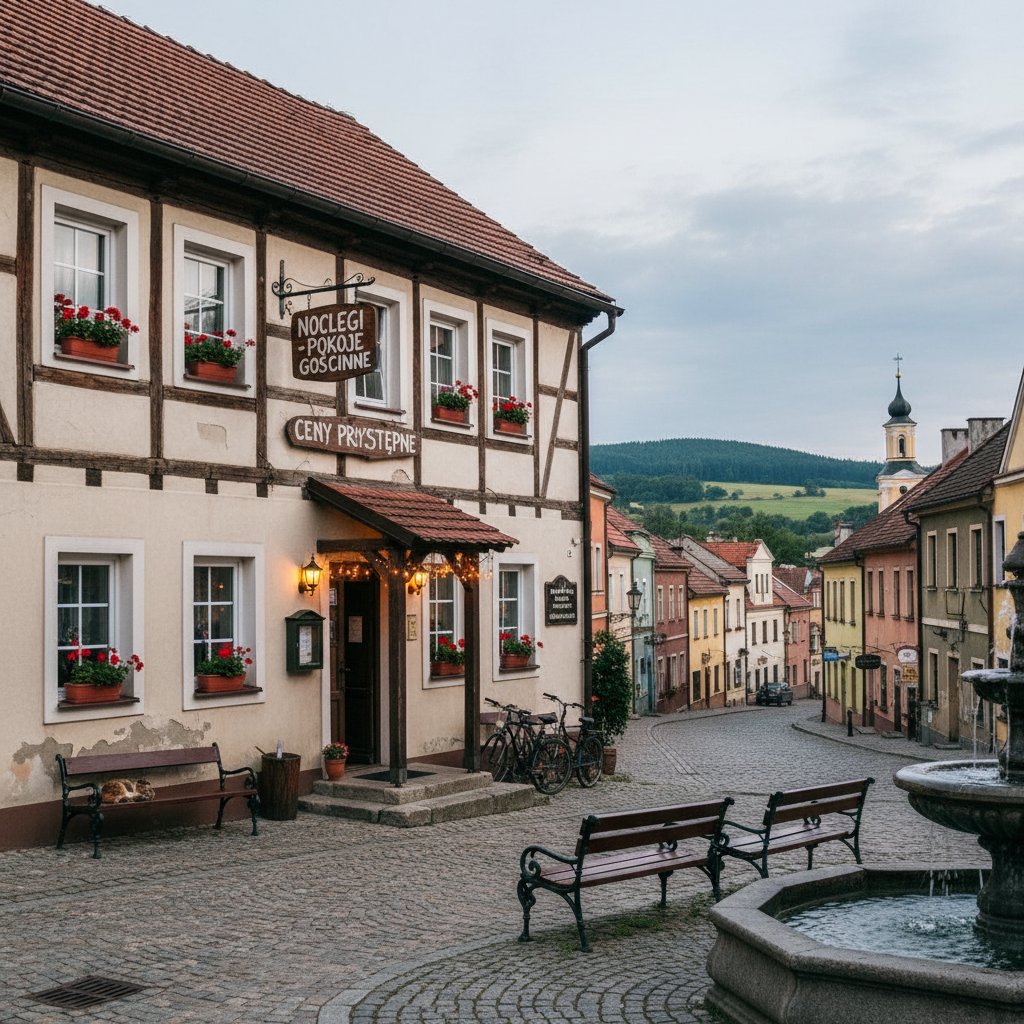 Mała miejscowość w Polsce, tanie noclegi, spokojna okolica, domki letniskowe