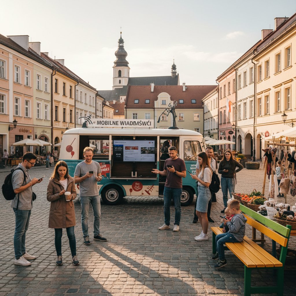 Grupa mieszkańców małego miasteczka korzysta z aplikacji do lokalnych wiadomości, wspólne czytanie wiadomości na ławce, aura zaangażowania