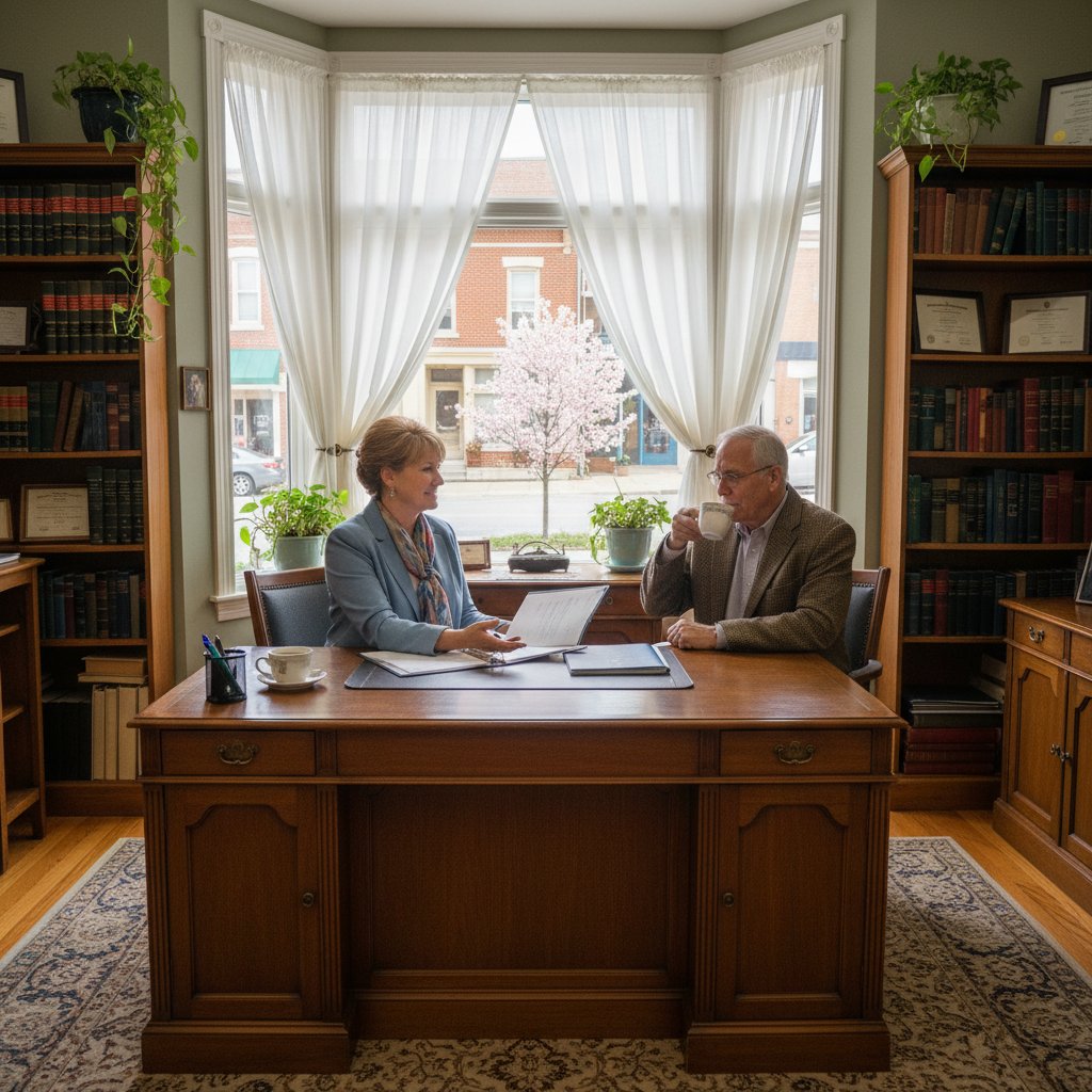 Kancelaria prawna w małym mieście – wnętrze biura, spokojna atmosfera, klient przy biurku