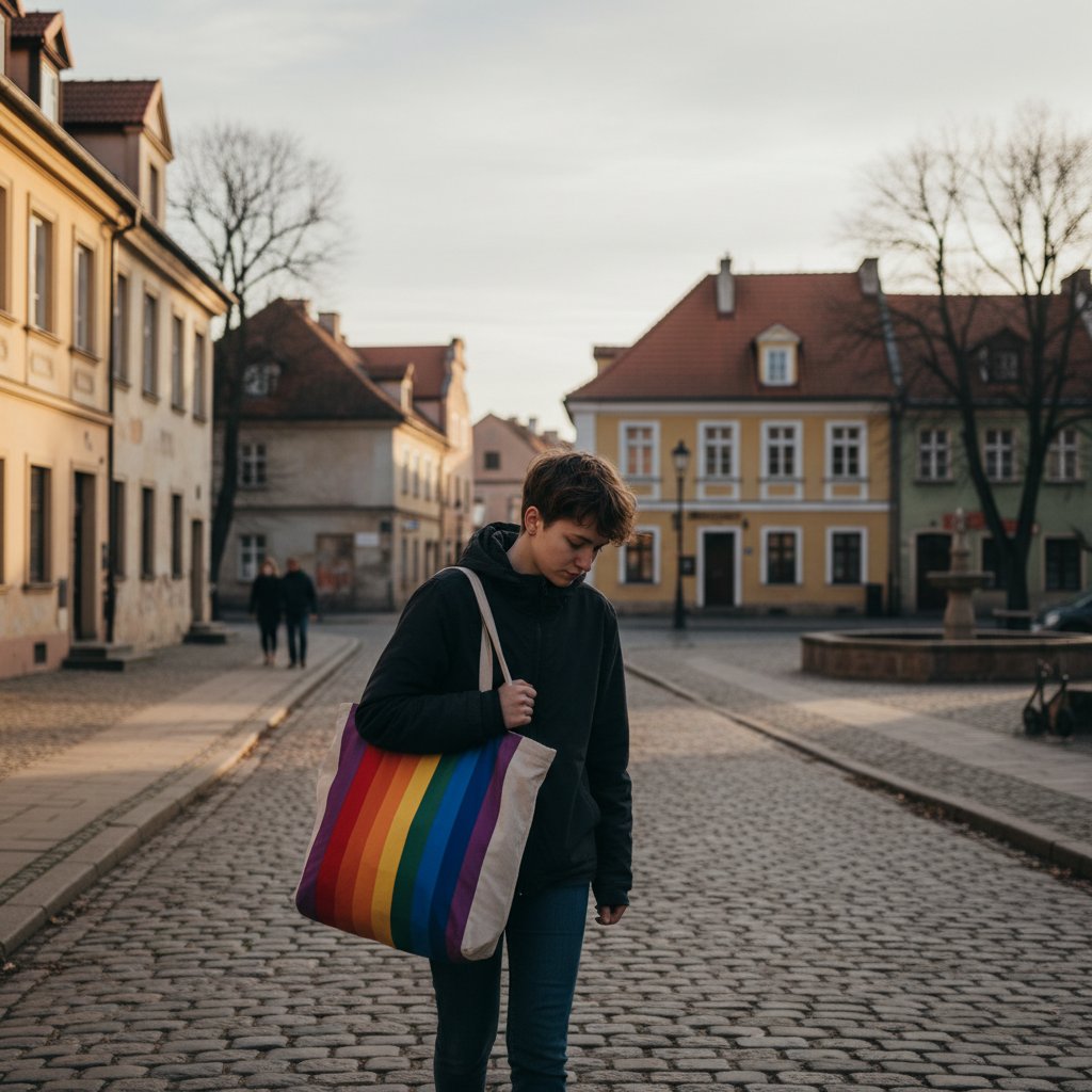 Scena z małego polskiego miasta: samotna postać z tęczową torbą idąca przez pustą ulicę