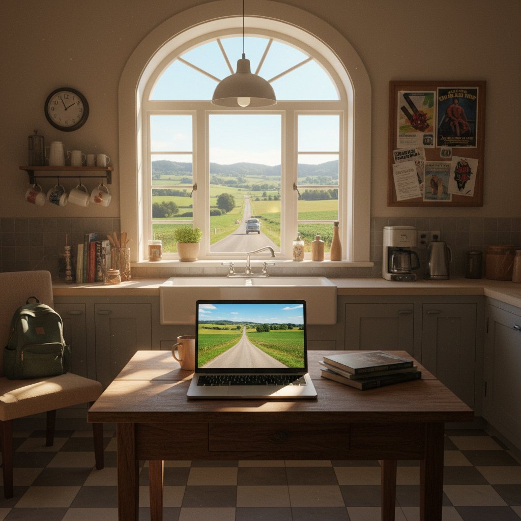Mała miejscowość, uczeń przed laptopem w kuchni, za oknem wiejska droga – edukacja bez barier lokalizacyjnych