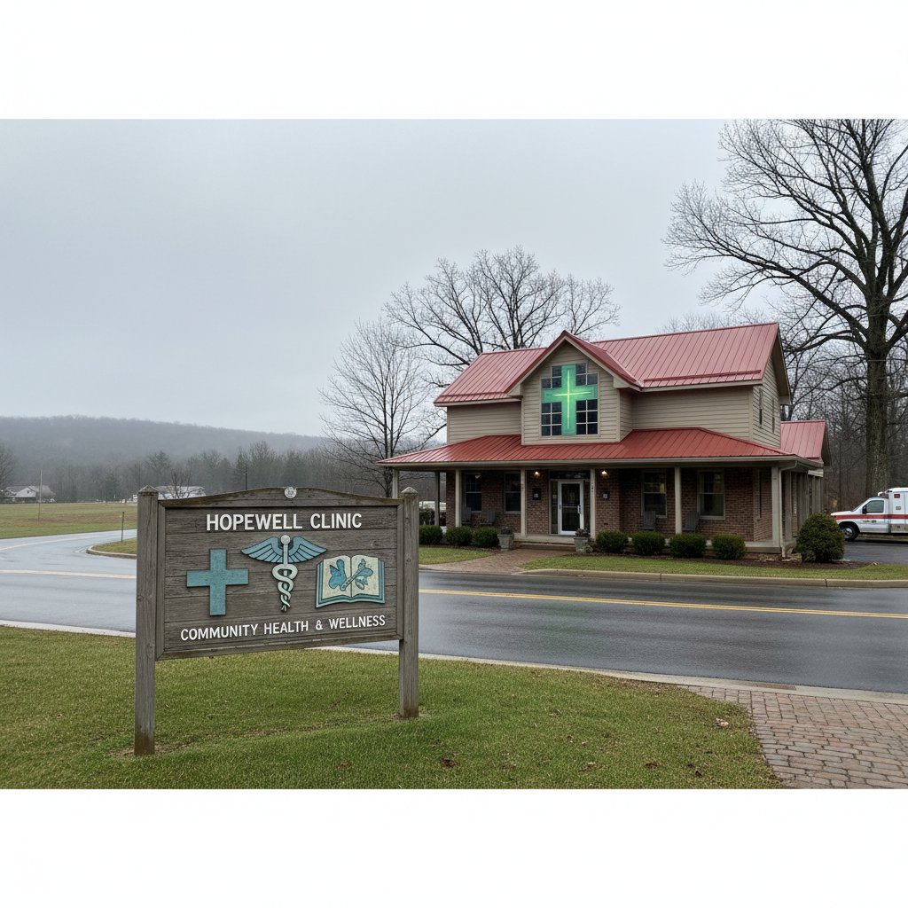 Mała przychodnia na prowincji – symbol polskiej rzeczywistości zdrowotnej, zachmurzone niebo