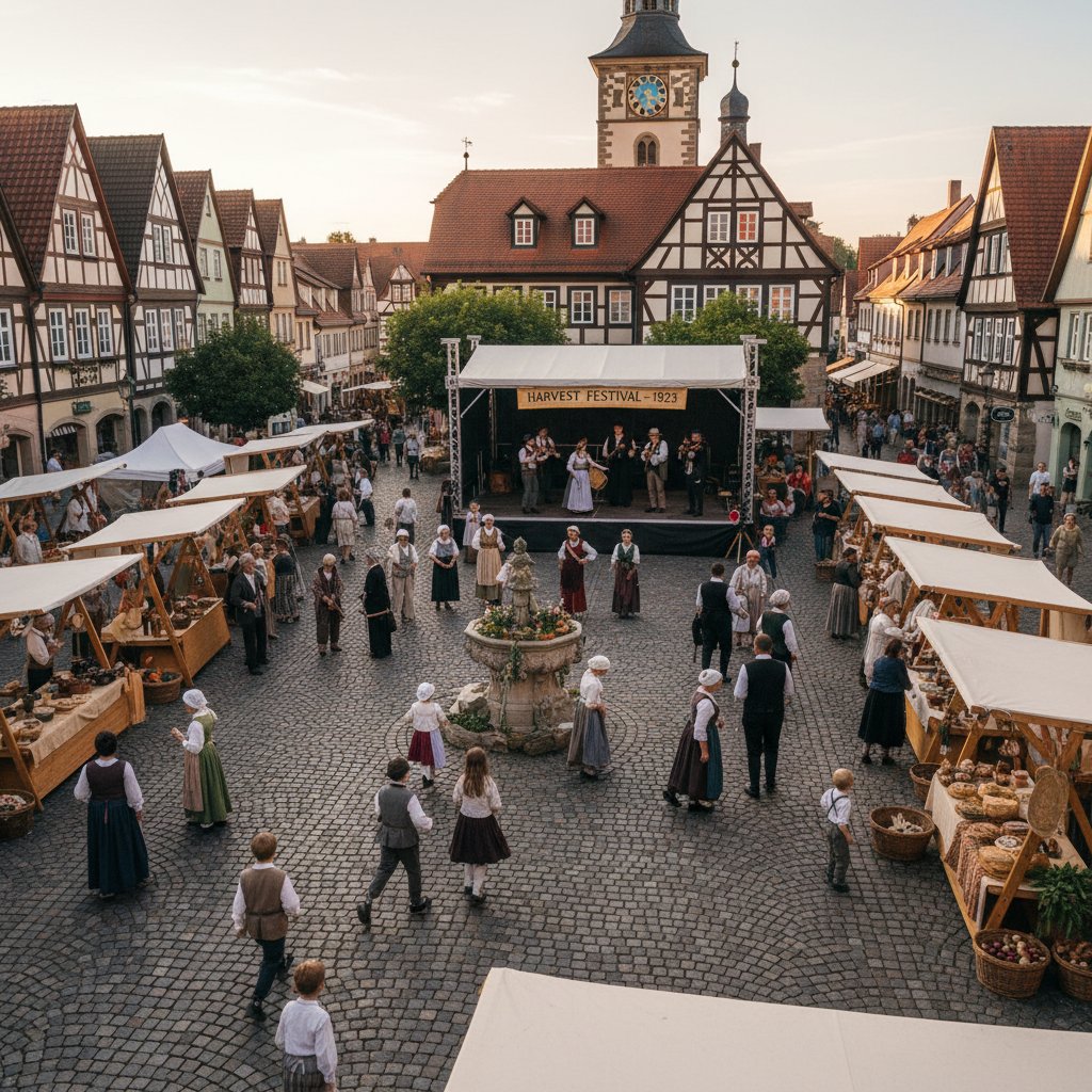 Grupa mieszkańców małej miejscowości uczestniczy w lokalnym wydarzeniu historycznym na rynku