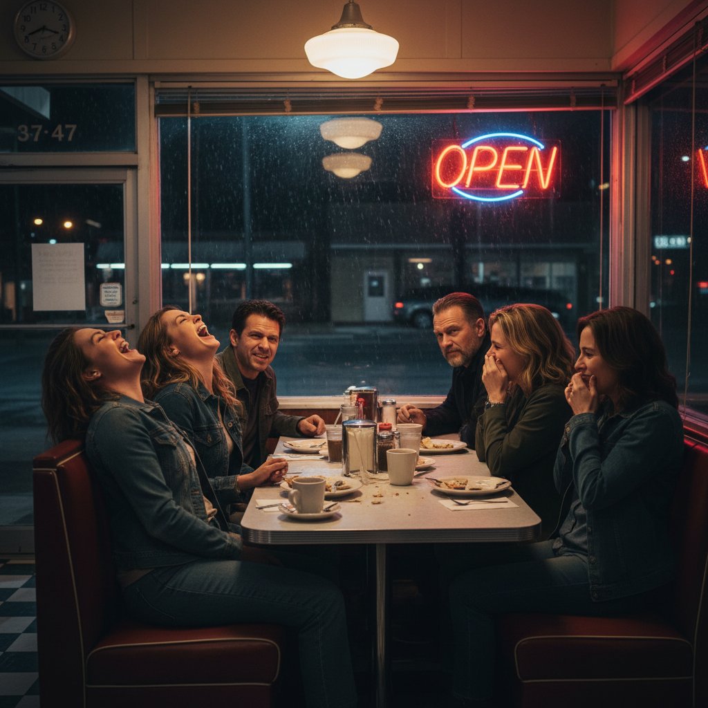 Photo of a group gathered at a small town diner, laughter and tension visible, late night, cinematic mood