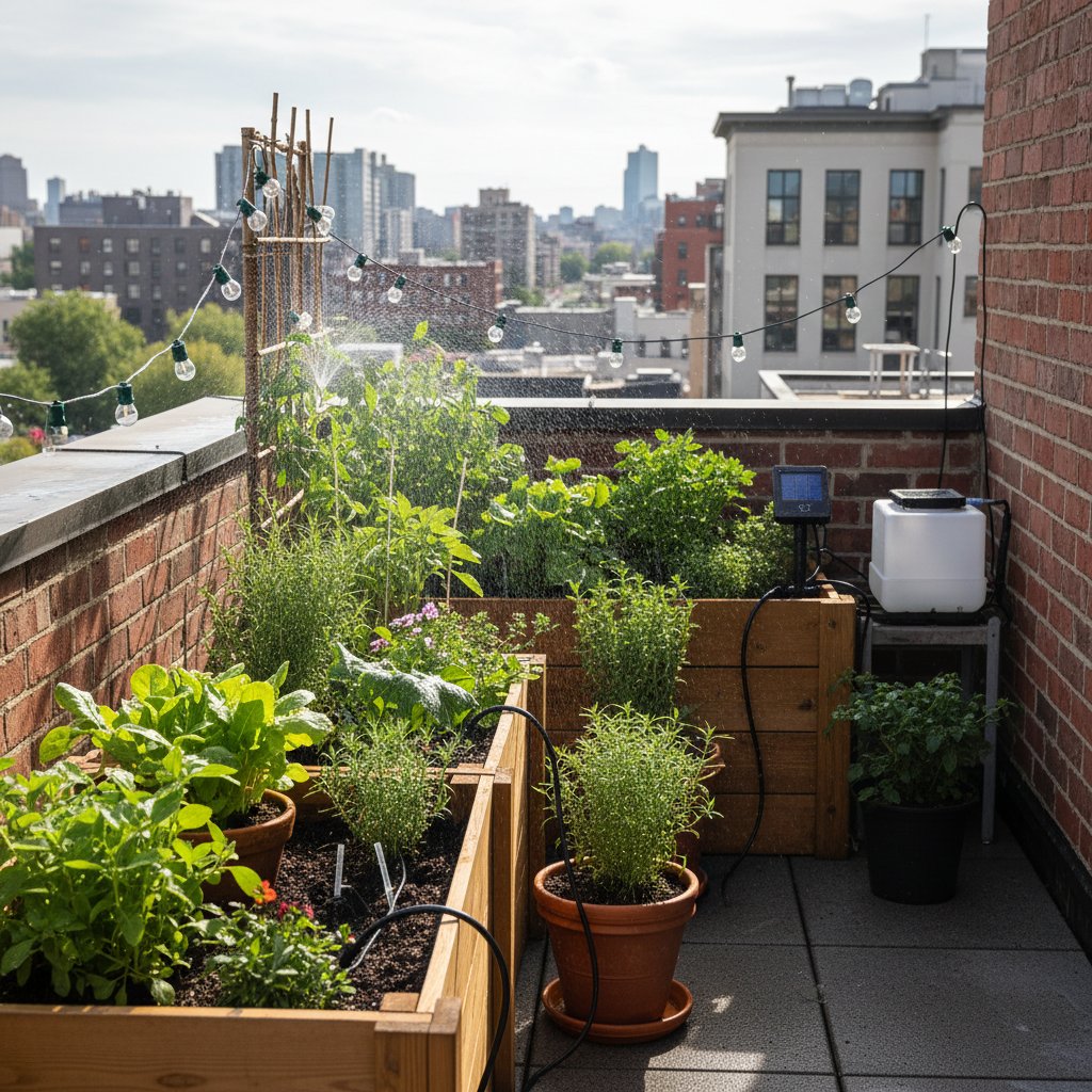 Mały, nowoczesny ogród miejski z prostym automatycznym systemem nawadniania