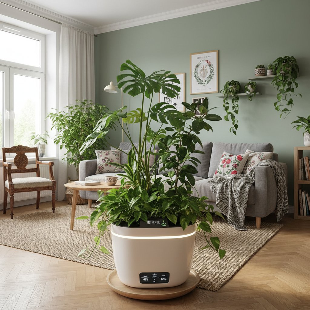 Mieszkanie w bloku z inteligentną doniczką i bujnymi roślinami domowymi