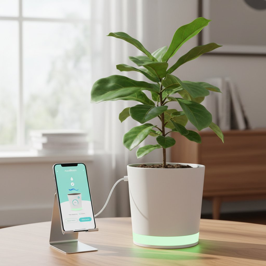 Nowoczesne mieszkanie z inteligentną doniczką, smartfon wyświetlający aplikację do nawadniania