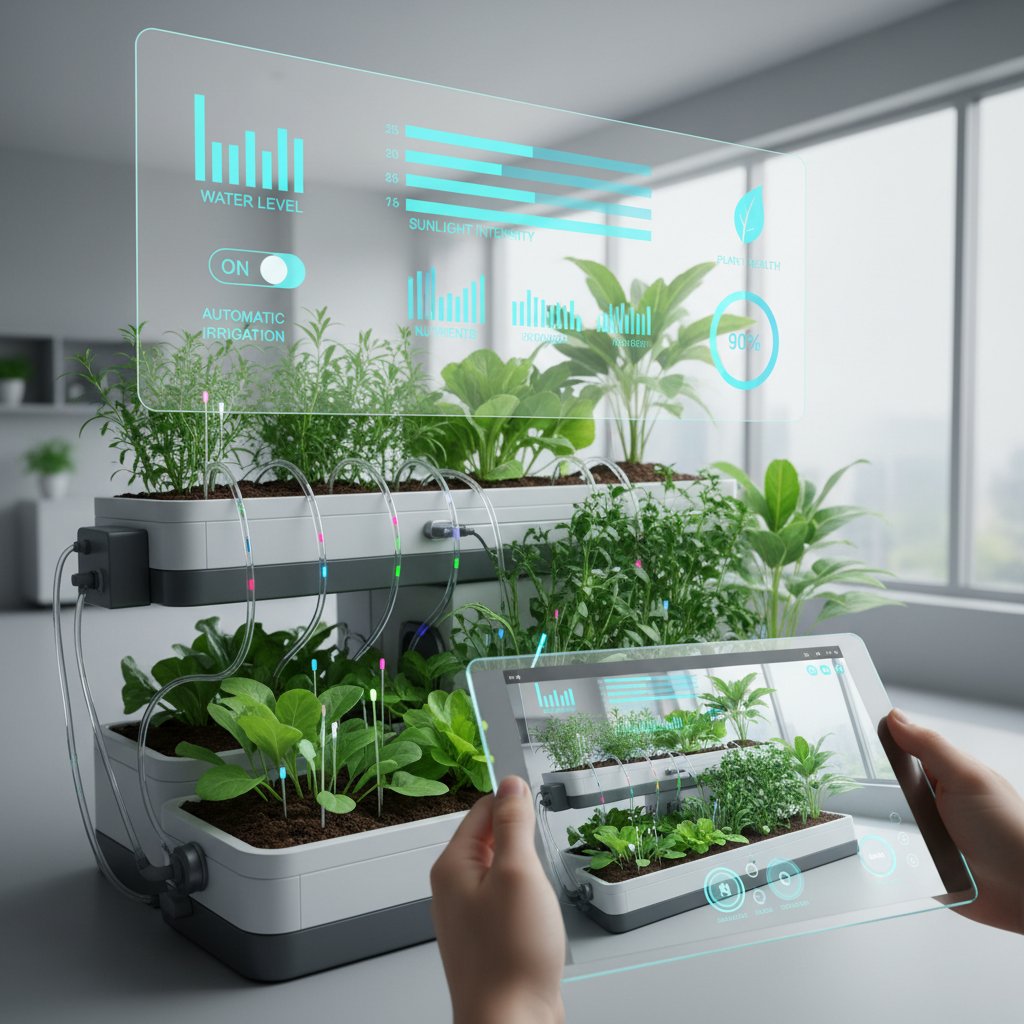 Nowoczesny ogród wyposażony w czujniki, systemy automatycznego nawadniania i używający aplikacji AR