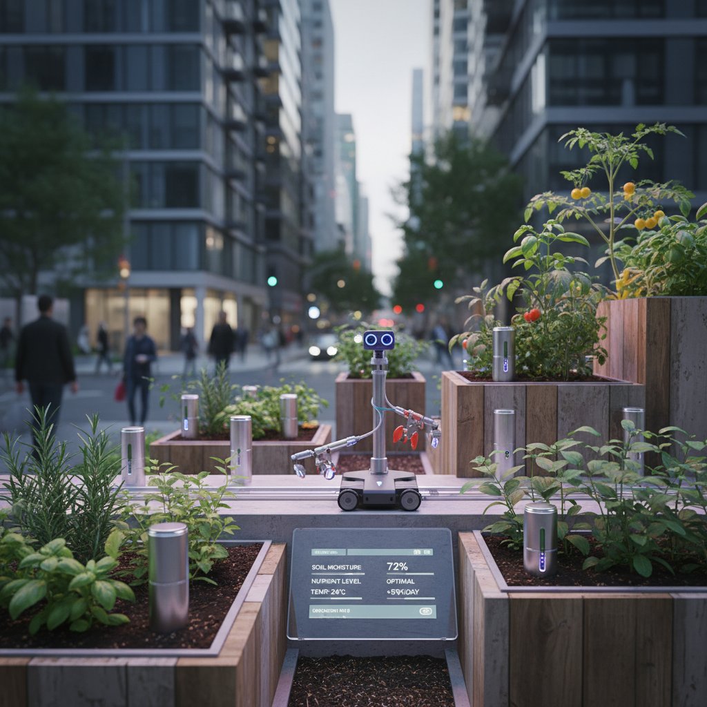 Czujniki i robot koszący w nowoczesnym ogrodzie miejskim – widok z bliska