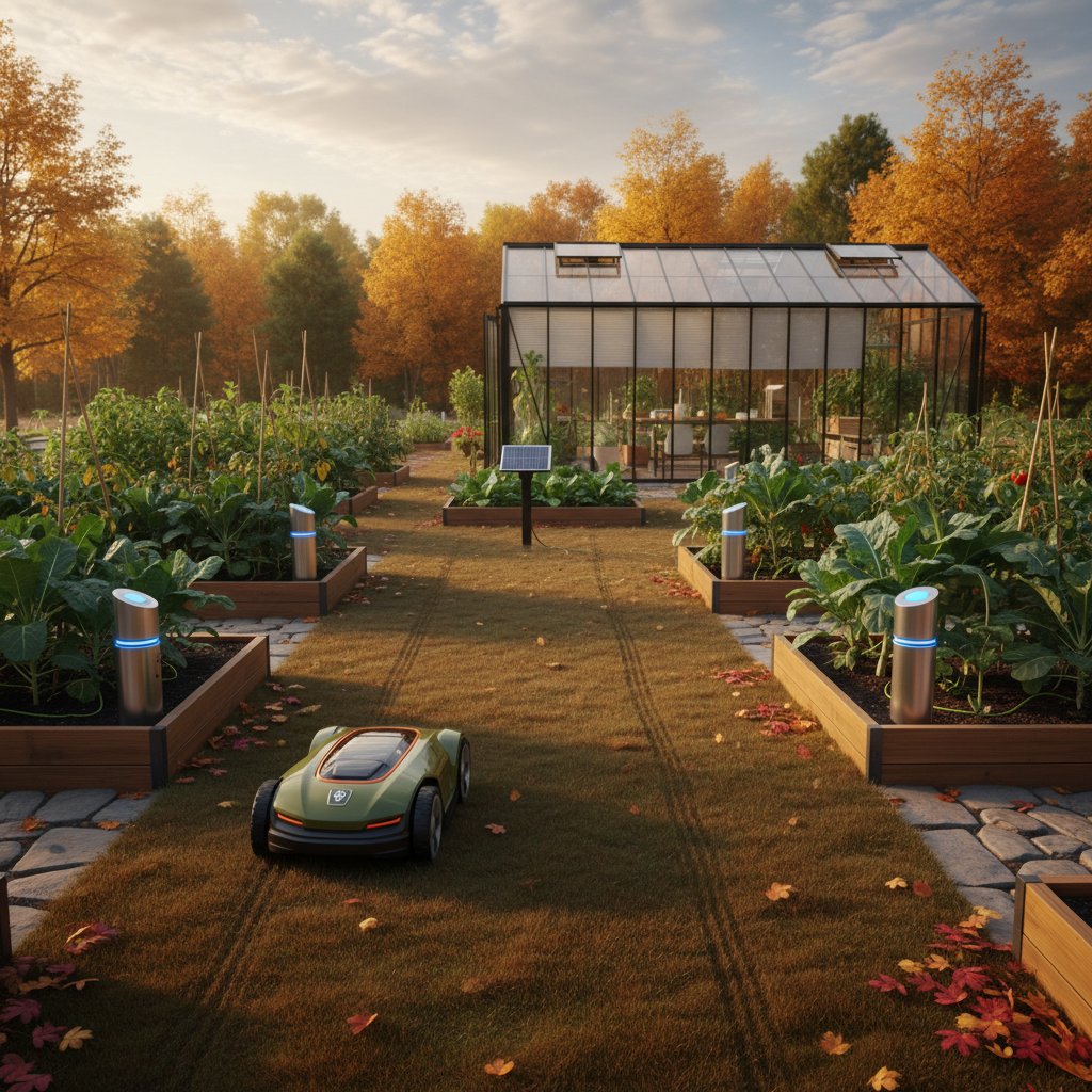 Nowoczesny ogród z czujnikami wilgotności gleby i robotem koszącym wśród jesiennej scenerii