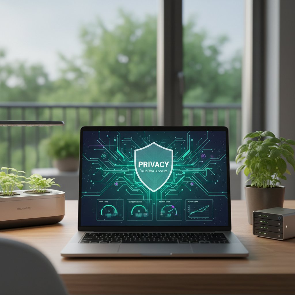 Programista analizujący dane z czujników na laptopie, z widocznymi wykresami i symbolami zabezpieczeń