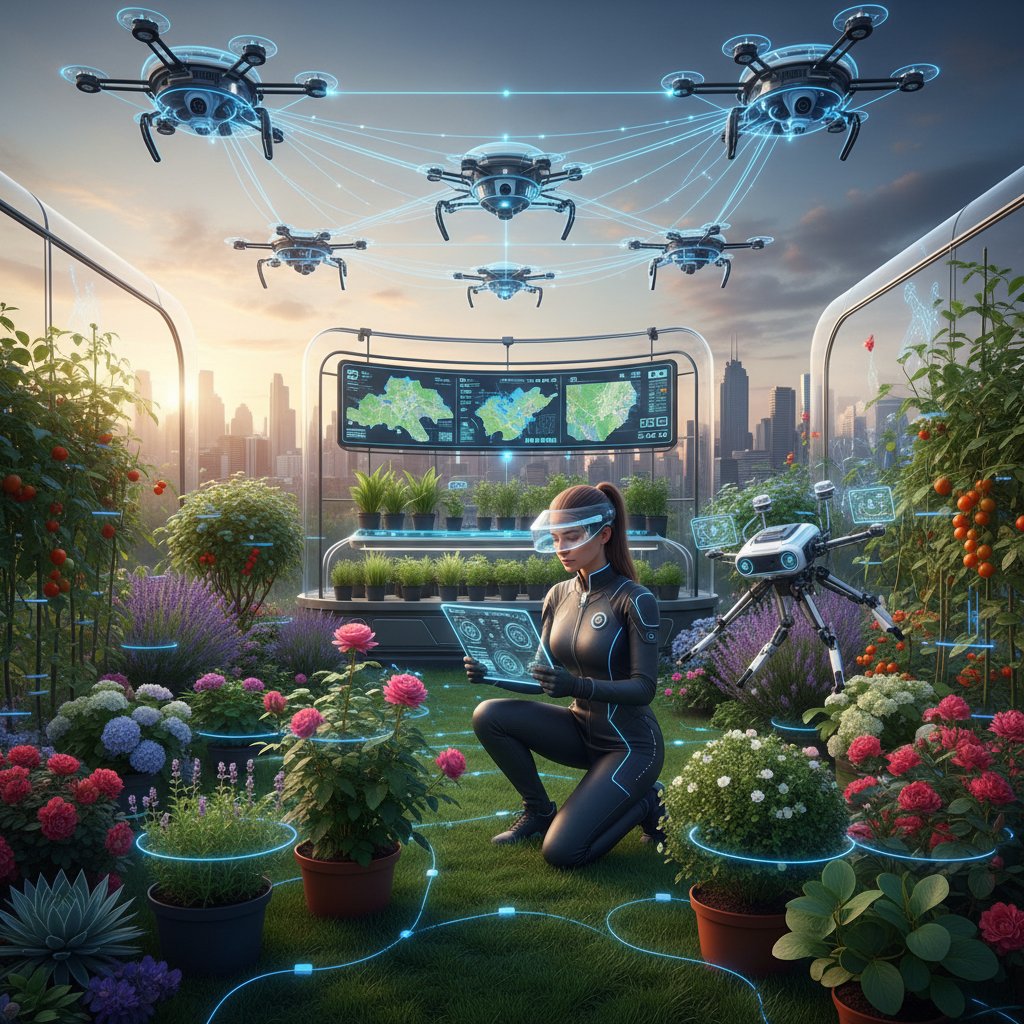 Nowoczesny ogrodnik używający smartfona i aplikacji AI do monitoringu roślin, tło ogród