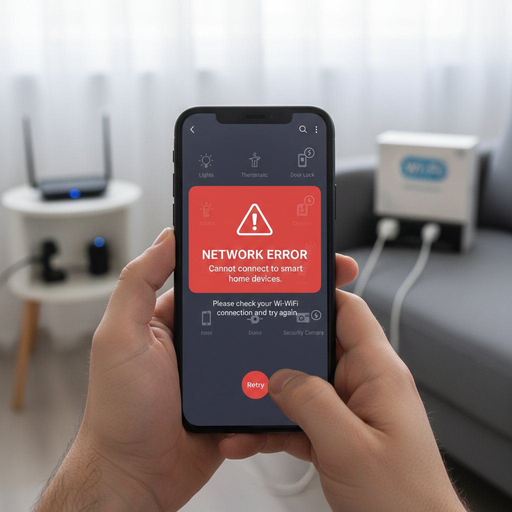 Osoba sprawdzająca aplikację smart home z widocznym ostrzeżeniem o błędzie sieci
