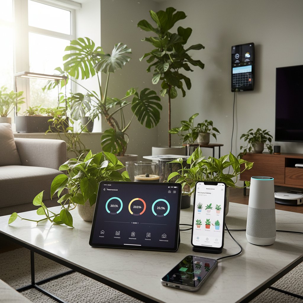 Domowy ekosystem smart home z roślinami i aplikacjami na smartfonie